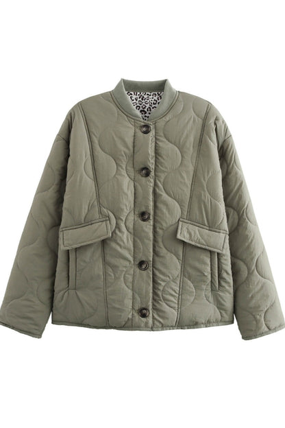 Dark Green - Women's olive green onion quilted jacket featuring a button-front closure, ribbed collar, and rolled cuffs revealing a contrast leopard print lining.