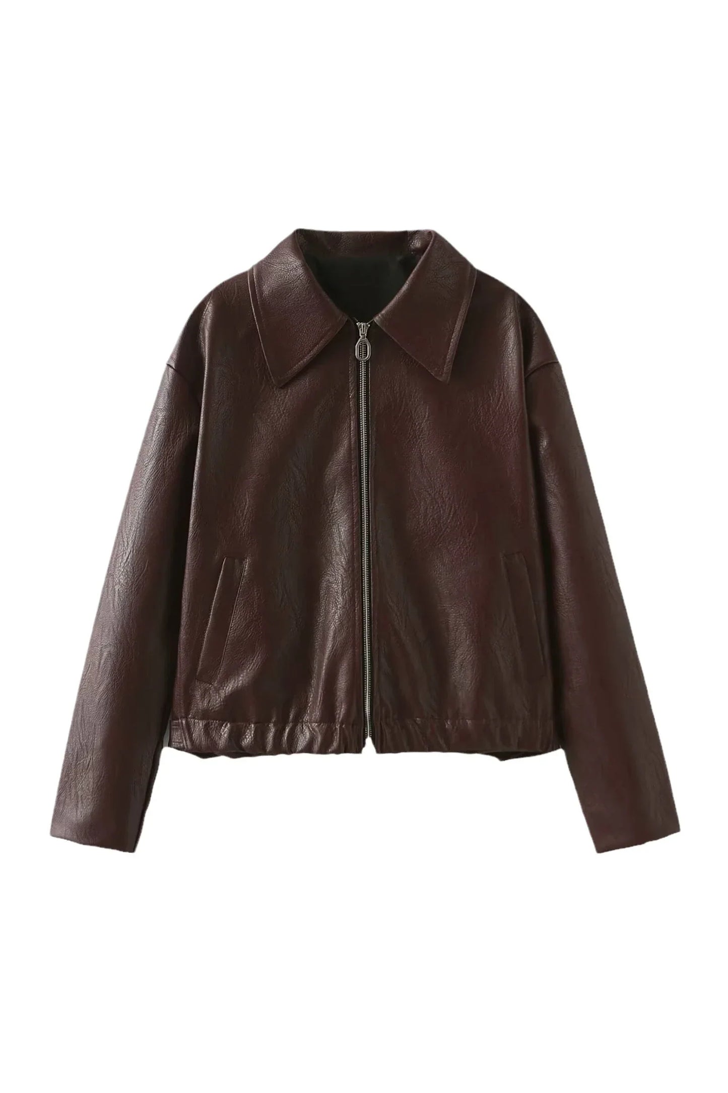 Amaranth - Women's deep burgundy faux leather zip-front cropped bomber jacket with a wide collar, styled over a black top and dark denim.