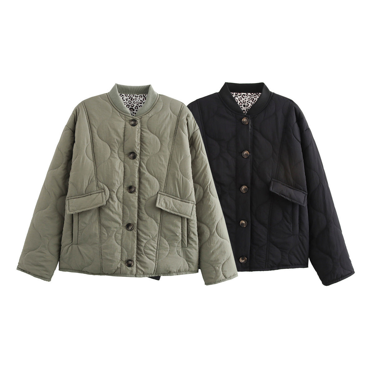 Black - Women's olive green onion quilted jacket featuring a button-front closure, ribbed collar, and rolled cuffs revealing a contrast leopard print lining.