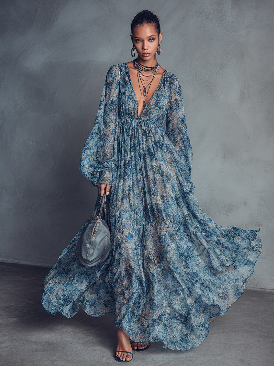 Blue - A model wearing a floor-length, long-sleeved maxi dress in a blue and grey abstract print chiffon, featuring a deep plunging V-neckline and voluminous balloon sleeves.