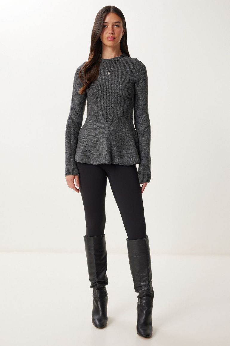 Charcoal - Women's grey long-sleeve ribbed knit sweater featuring a crew neckline and a flared peplum hem.