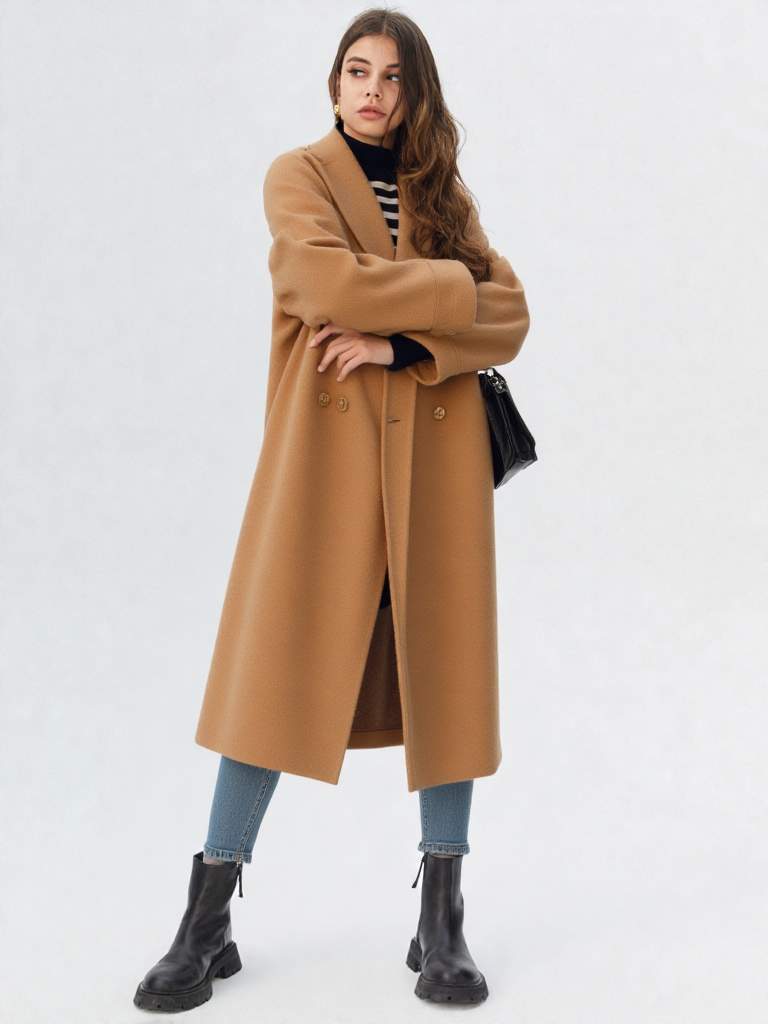 A woman wearing a camel-coloured, double-breasted longline coat with notch lapels and folded cuffs, styled over a striped sweater, blue jeans, and black boots against a white background.