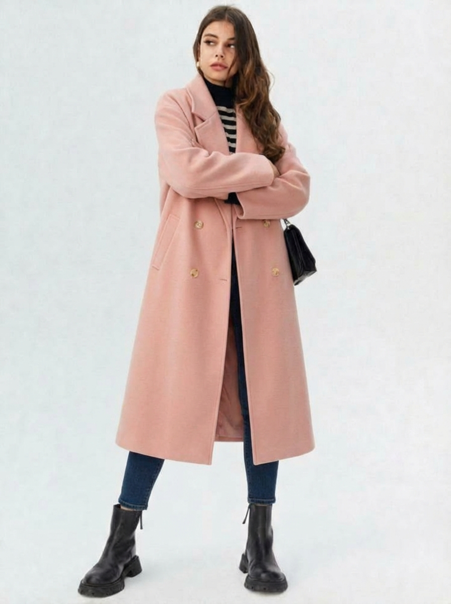 Pink - A woman wearing a camel-coloured, double-breasted longline coat with notch lapels and folded cuffs, styled over a striped sweater, blue jeans, and black boots against a white background.