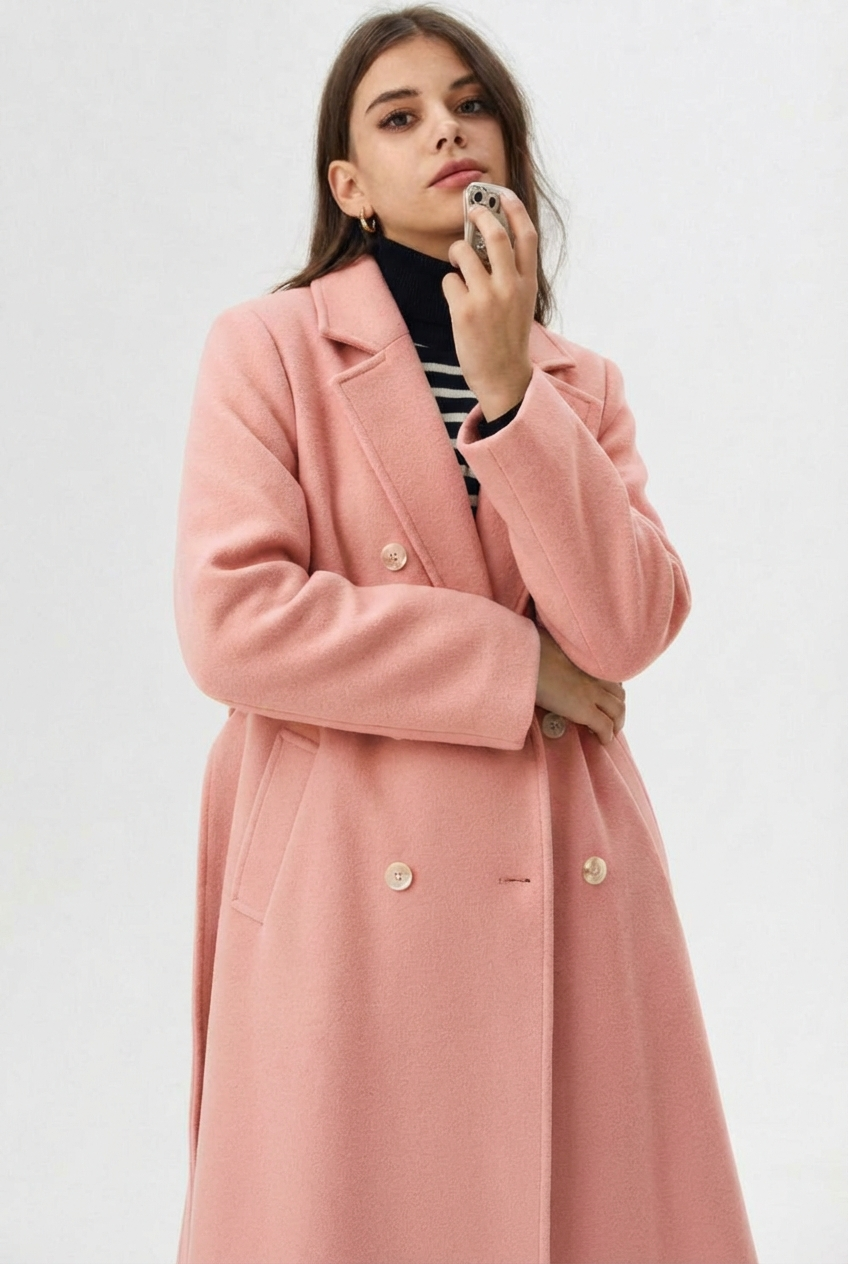 Pink - A woman wearing a camel-coloured, double-breasted longline coat with notch lapels and folded cuffs, styled over a striped sweater, blue jeans, and black boots against a white background.