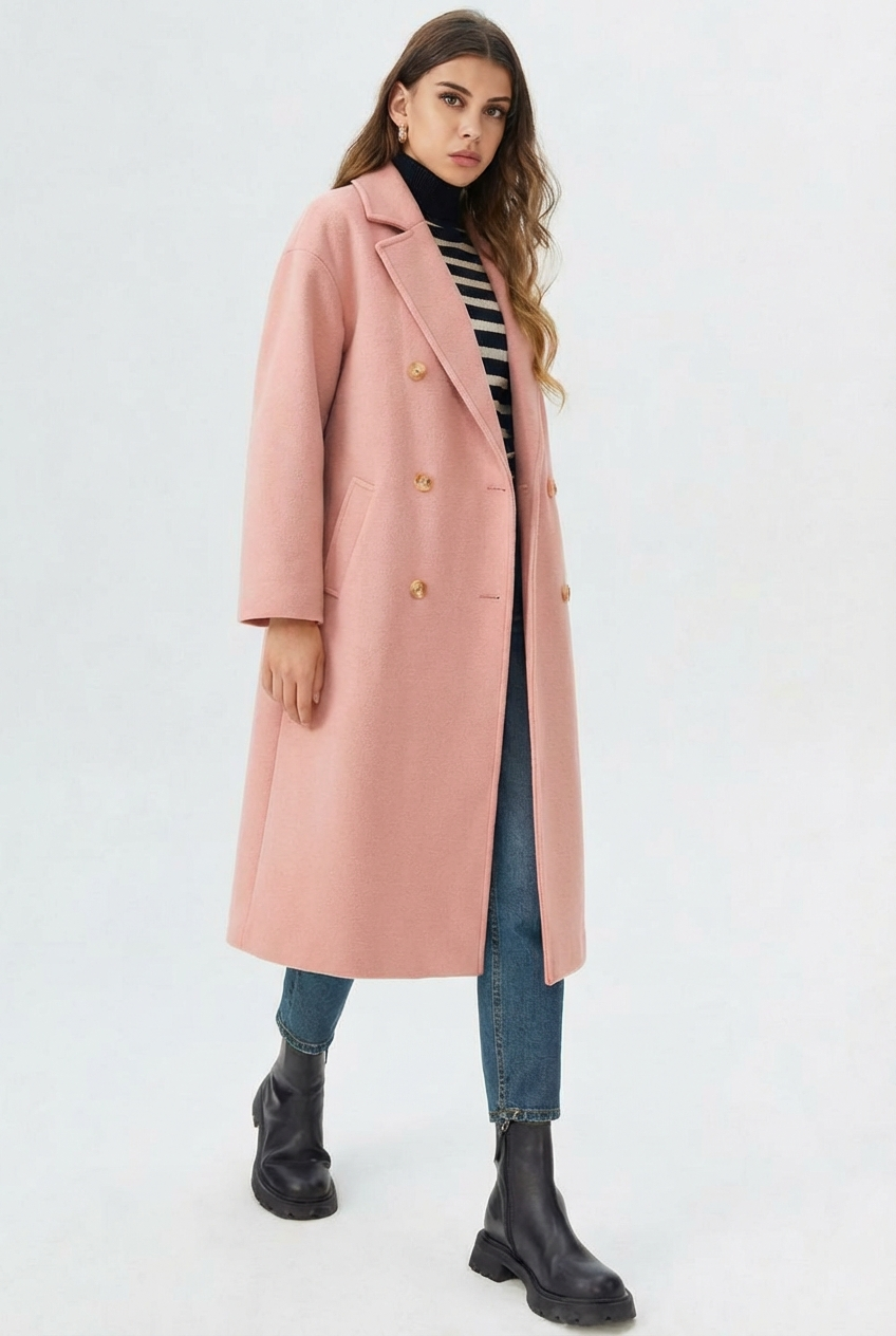 Pink - A woman wearing a camel-coloured, double-breasted longline coat with notch lapels and folded cuffs, styled over a striped sweater, blue jeans, and black boots against a white background.