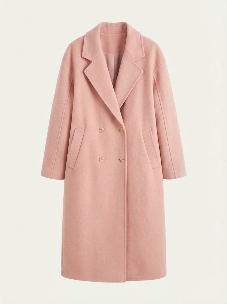 Pink - A woman wearing a camel-coloured, double-breasted longline coat with notch lapels and folded cuffs, styled over a striped sweater, blue jeans, and black boots against a white background.