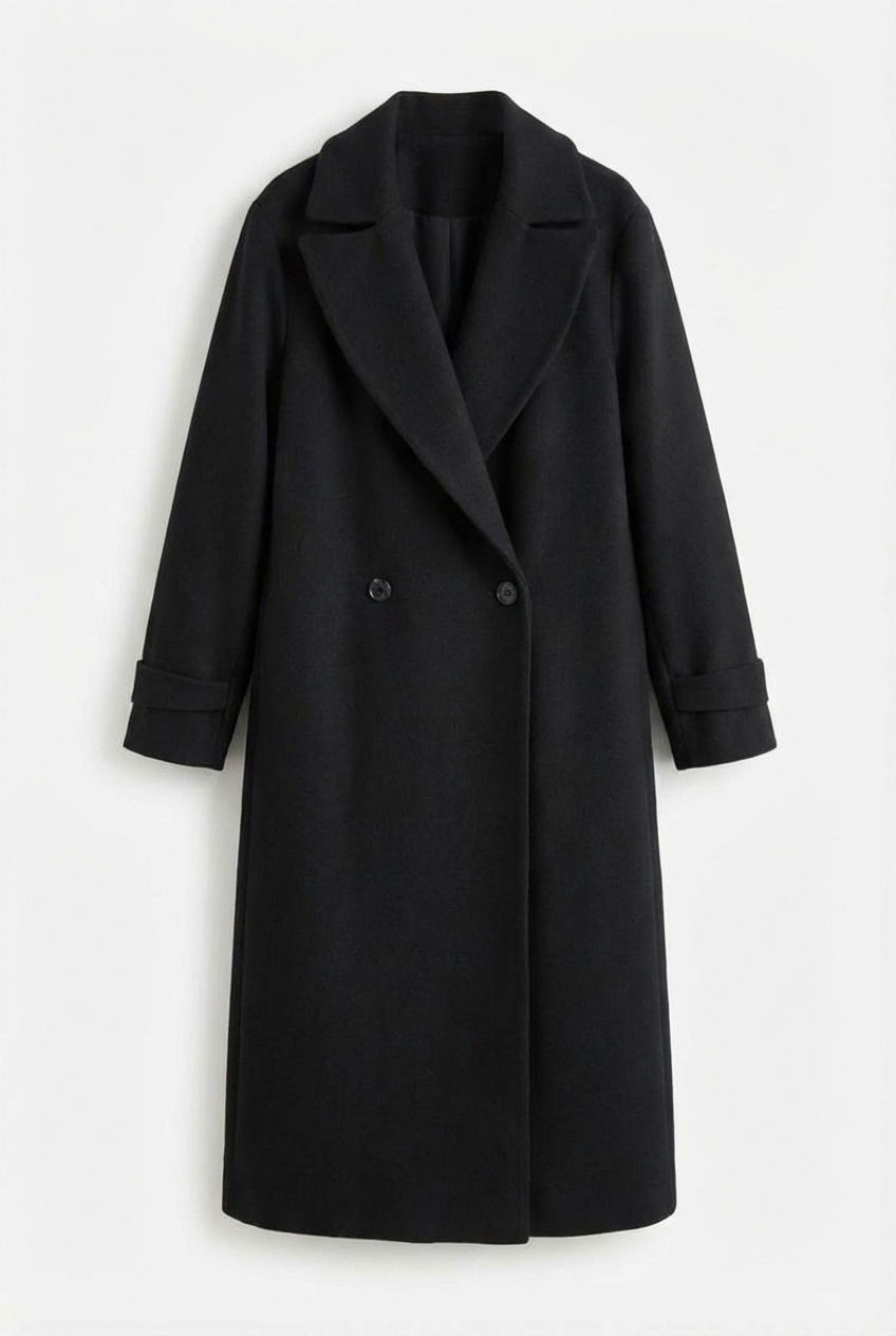 Black - A woman wearing a camel-coloured, double-breasted longline coat with notch lapels and folded cuffs, styled over a striped sweater, blue jeans, and black boots against a white background.