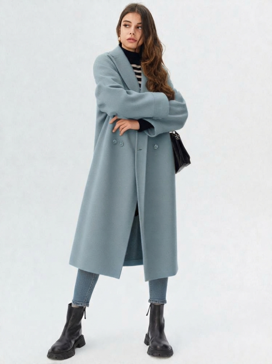 Blue - A woman wearing a camel-coloured, double-breasted longline coat with notch lapels and folded cuffs, styled over a striped sweater, blue jeans, and black boots against a white background.