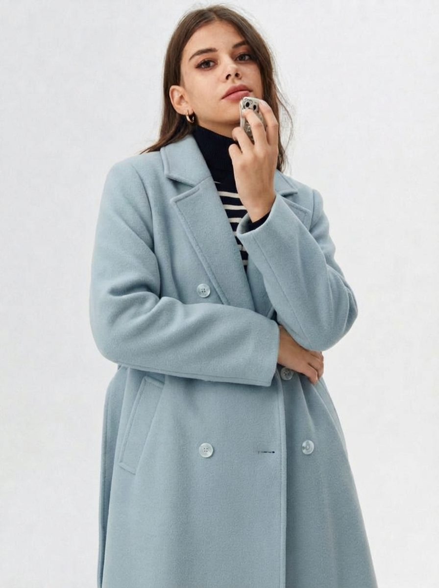 Blue - A woman wearing a camel-coloured, double-breasted longline coat with notch lapels and folded cuffs, styled over a striped sweater, blue jeans, and black boots against a white background.