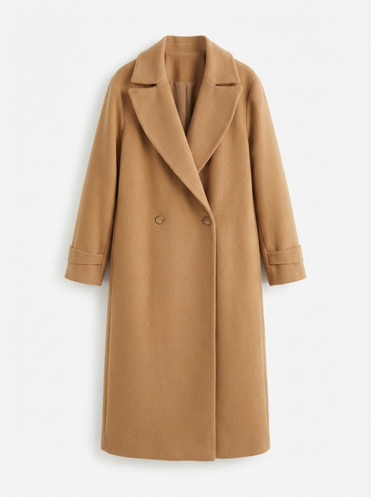 Brown - A woman wearing a camel-coloured, double-breasted longline coat with notch lapels and folded cuffs, styled over a striped sweater, blue jeans, and black boots against a white background.