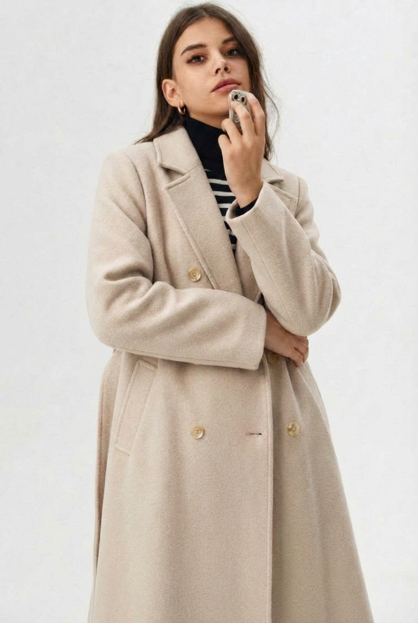 Brown - A woman wearing a camel-coloured, double-breasted longline coat with notch lapels and folded cuffs, styled over a striped sweater, blue jeans, and black boots against a white background.