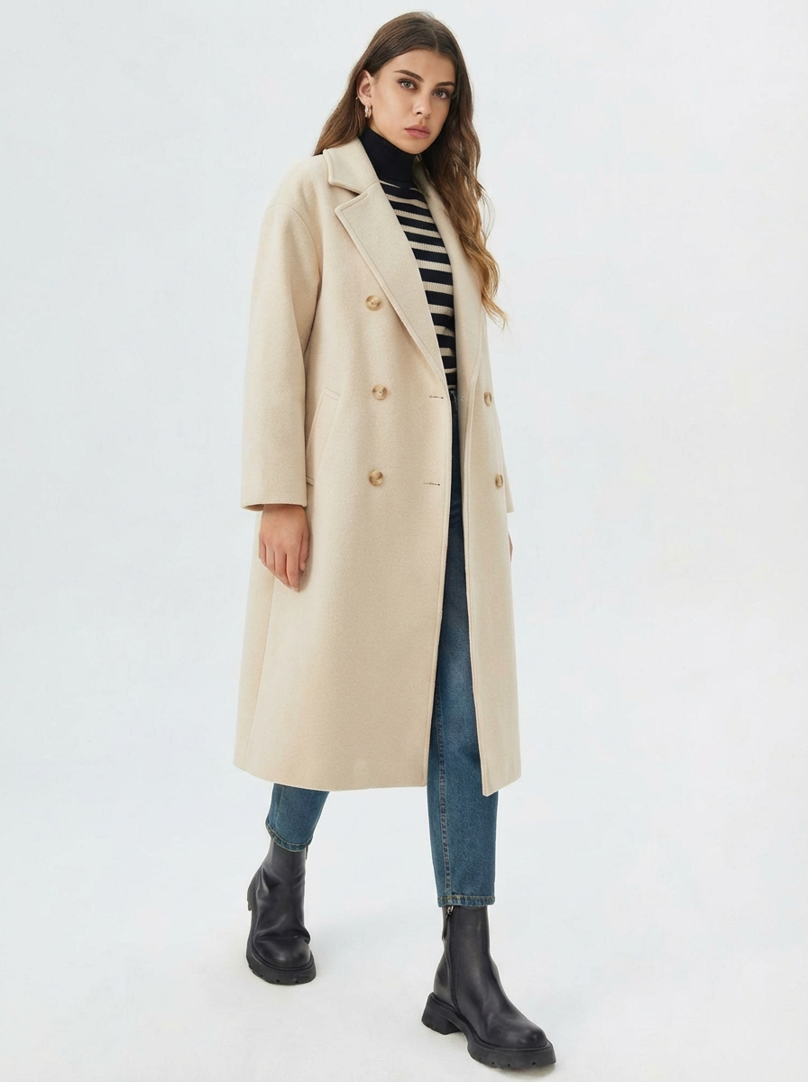 Beige - A woman wearing a camel-coloured, double-breasted longline coat with notch lapels and folded cuffs, styled over a striped sweater, blue jeans, and black boots against a white background.