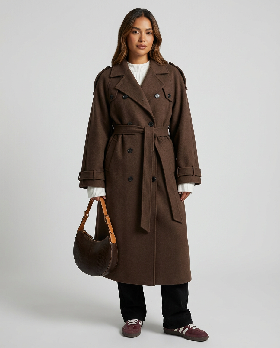 A woman wears a chocolate brown, double-breasted midi trench coat with a self-tie belt, styled over a white knit top and dark pants, holding a brown leather handbag.
