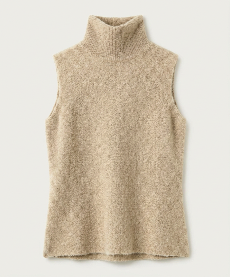A woman wearing a grey brushed knit longline cardigan with a matching turtleneck and skirt, showcasing a minimalist, monochromatic look.