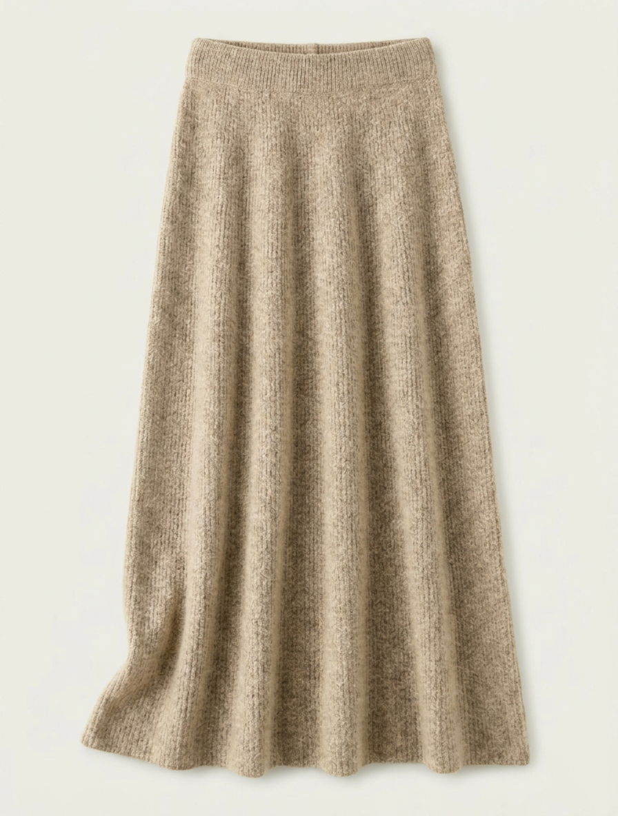 A woman wearing a grey brushed knit longline cardigan with a matching turtleneck and skirt, showcasing a minimalist, monochromatic look.