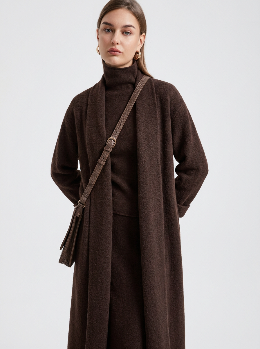 A woman wearing a grey brushed knit longline cardigan with a matching turtleneck and skirt, showcasing a minimalist, monochromatic look.