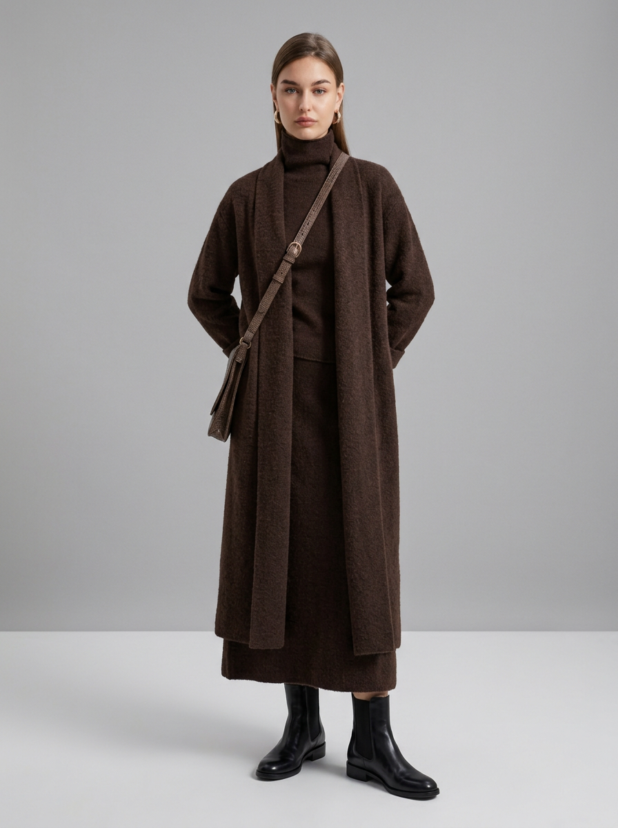 A woman wearing a grey brushed knit longline cardigan with a matching turtleneck and skirt, showcasing a minimalist, monochromatic look.