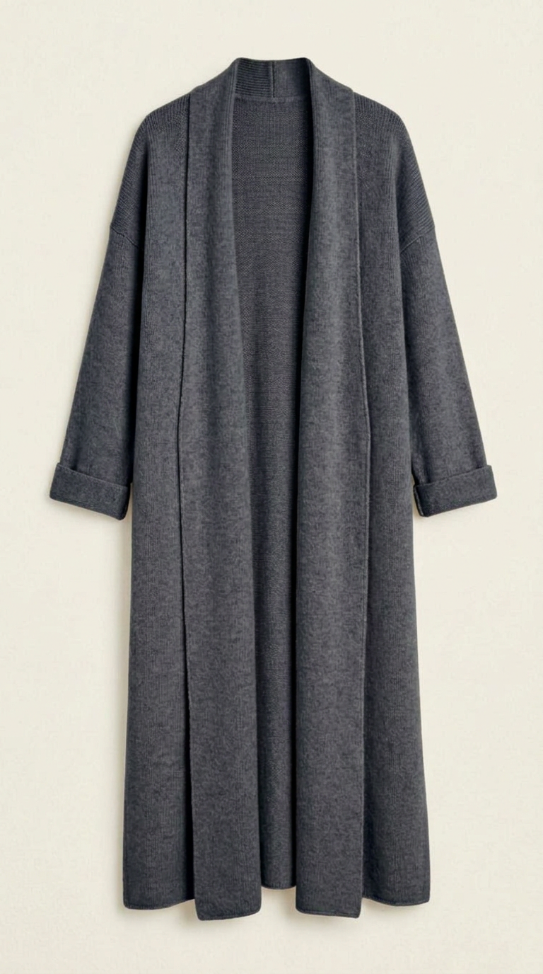 A woman wearing a grey brushed knit longline cardigan with a matching turtleneck and skirt, showcasing a minimalist, monochromatic look.