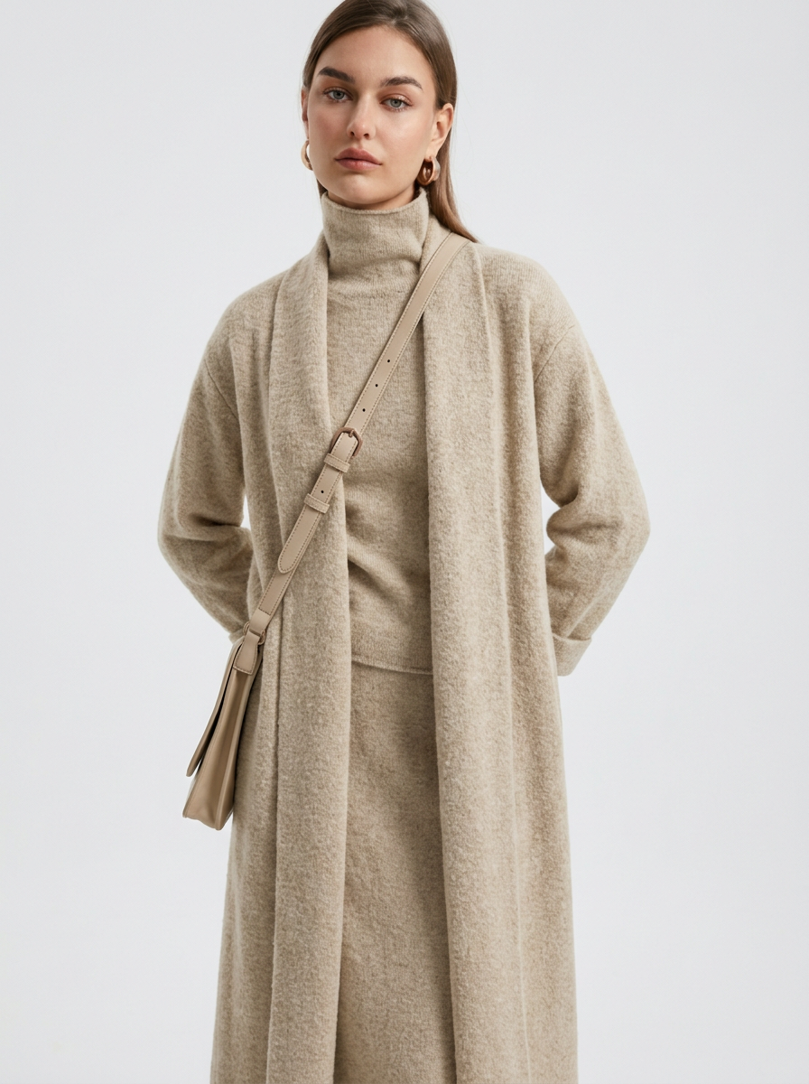 A woman wearing a grey brushed knit longline cardigan with a matching turtleneck and skirt, showcasing a minimalist, monochromatic look.
