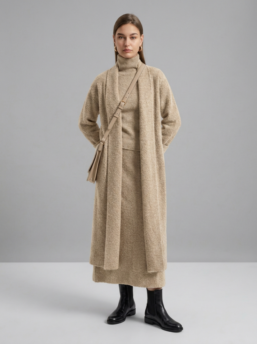 A woman wearing a grey brushed knit longline cardigan with a matching turtleneck and skirt, showcasing a minimalist, monochromatic look.