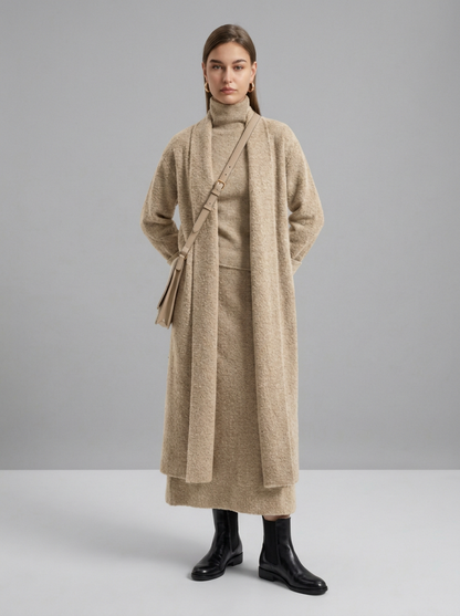 A woman wearing a grey brushed knit longline cardigan with a matching turtleneck and skirt, showcasing a minimalist, monochromatic look.
