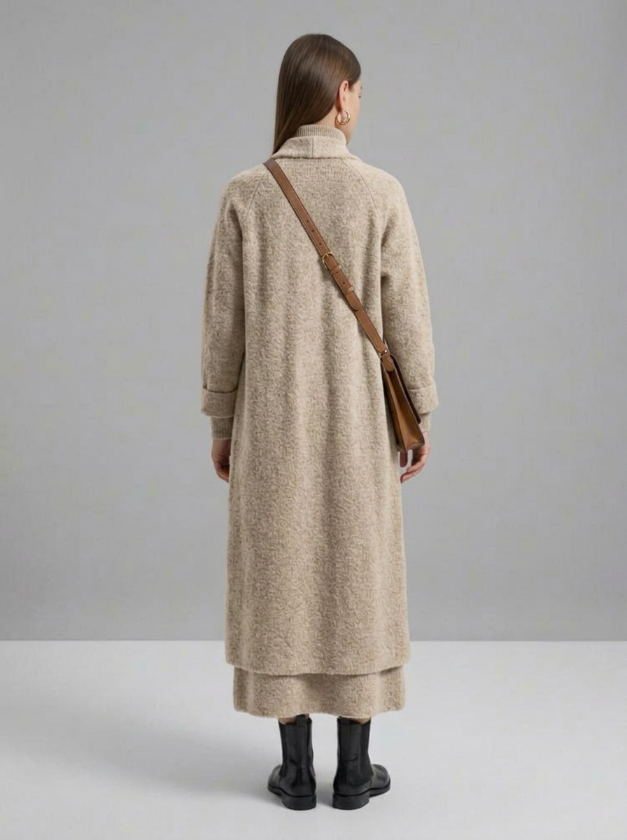 A woman wearing a grey brushed knit longline cardigan with a matching turtleneck and skirt, showcasing a minimalist, monochromatic look.