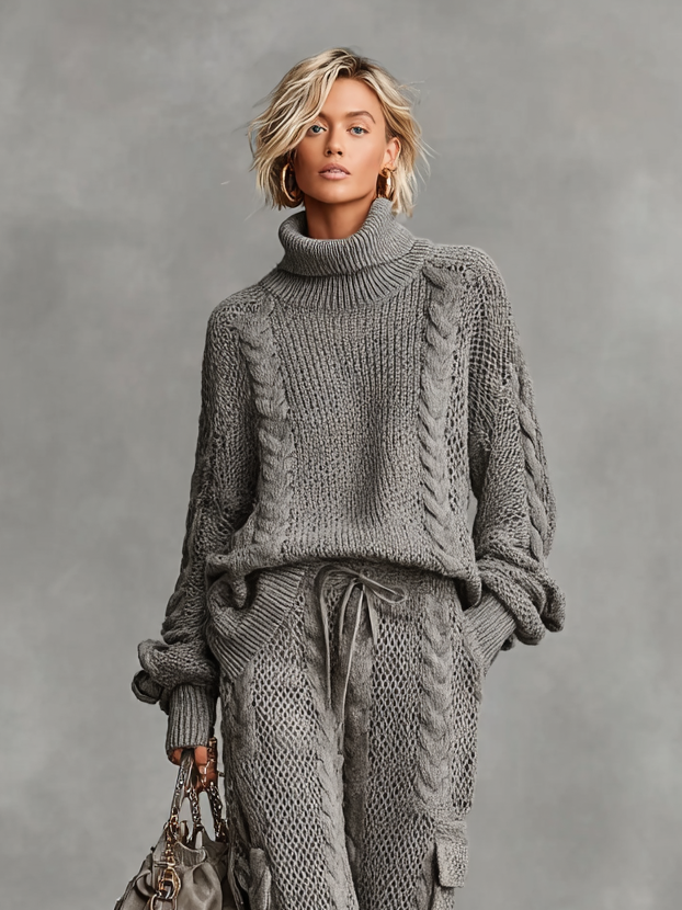 Gray - A woman wearing a matching grey cable knit two-piece set featuring a roll neck jumper and relaxed-fit cargo trousers with a drawstring waist.