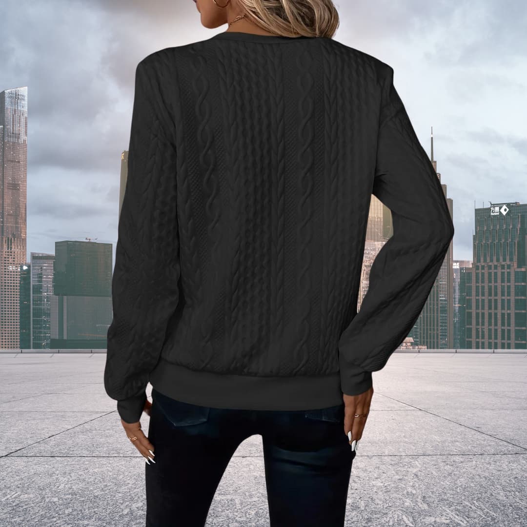 Pink - Women's white long-sleeve pullover sweater featuring an all-over cable knit texture, a half-zip front with a silver ring pull, and ribbed cuffs and hem.