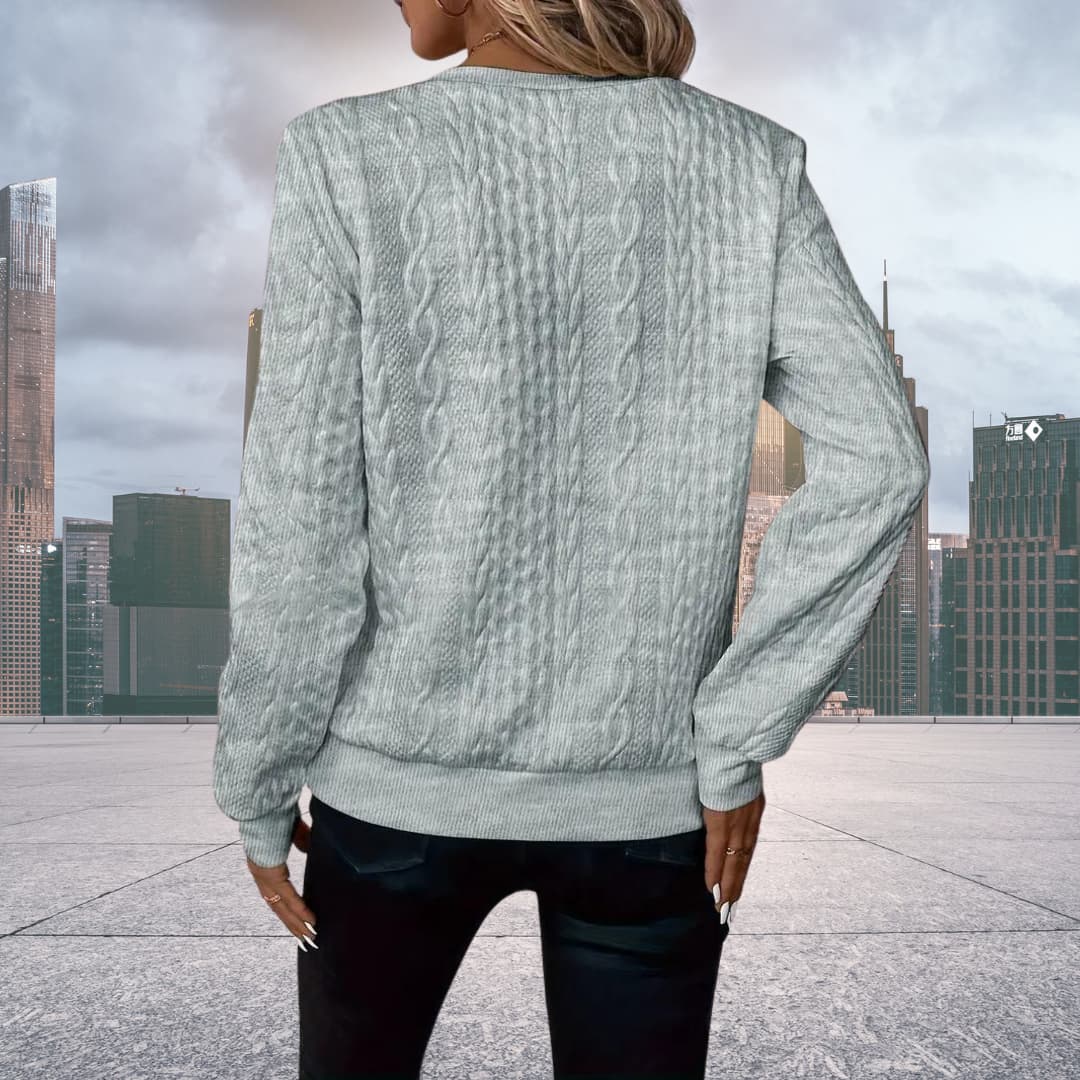 Pink - Women's white long-sleeve pullover sweater featuring an all-over cable knit texture, a half-zip front with a silver ring pull, and ribbed cuffs and hem.