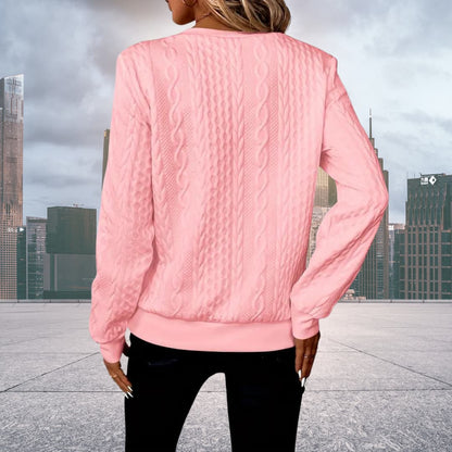 Pink - Women's white long-sleeve pullover sweater featuring an all-over cable knit texture, a half-zip front with a silver ring pull, and ribbed cuffs and hem.