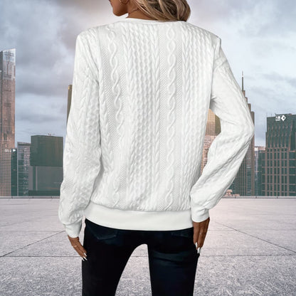 Pink - Women's white long-sleeve pullover sweater featuring an all-over cable knit texture, a half-zip front with a silver ring pull, and ribbed cuffs and hem.