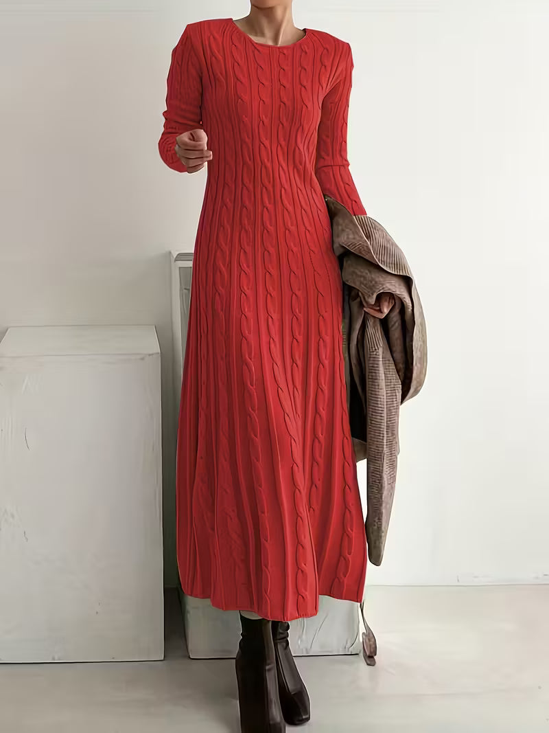red knit dress long sleeve Cozy Outlook Sweater Mini fitted silhouette Cable Knit Long Sleeve Maxi