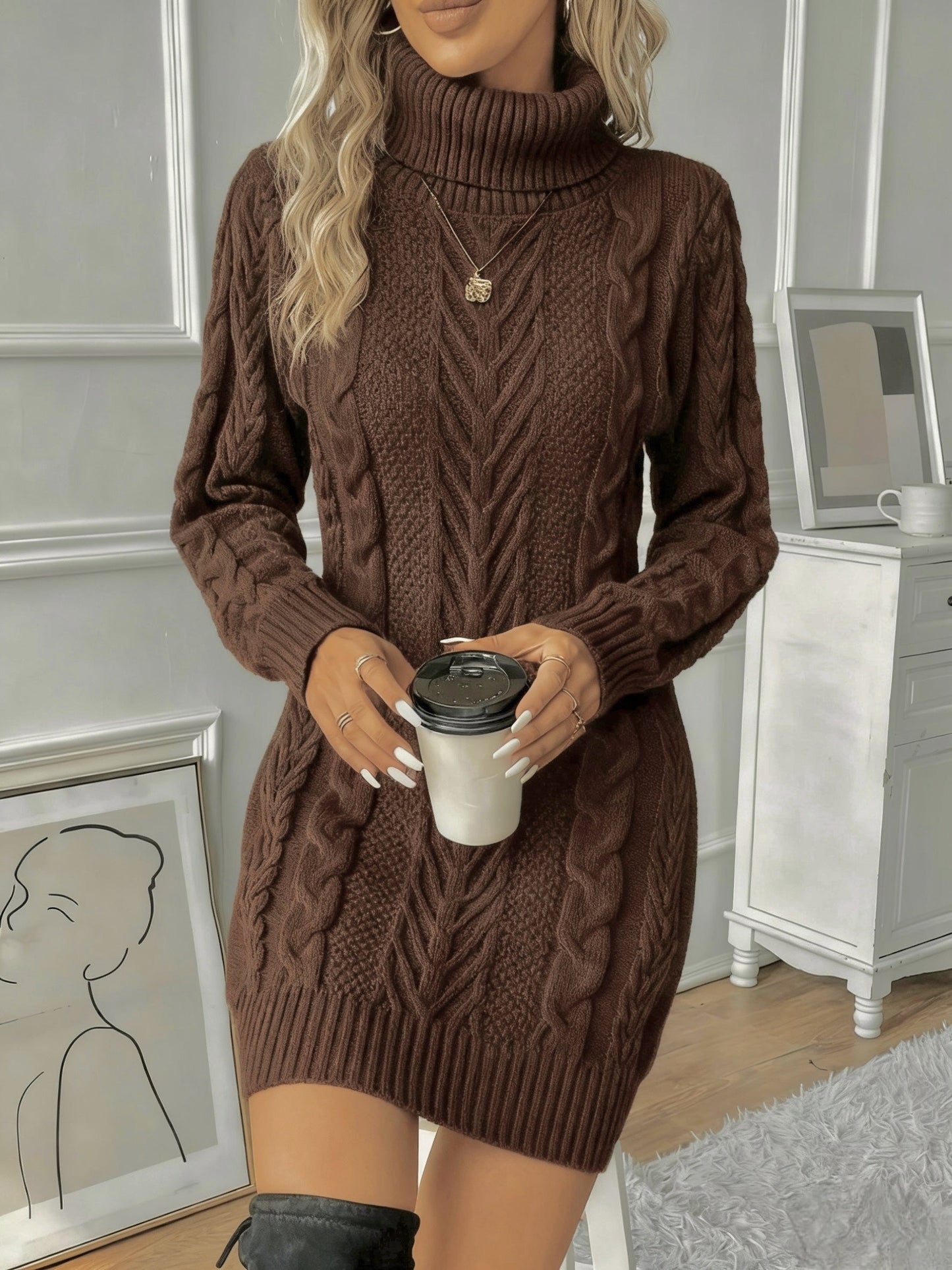 Brown - Woman wearing a heavyweight cable knit long sleeve mini dress with a high roll neck and ribbed hem.