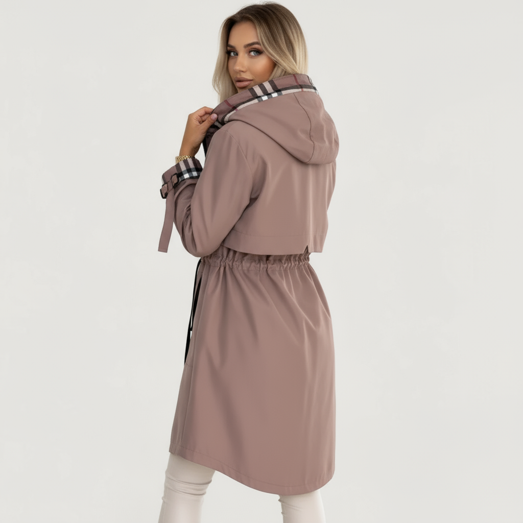 Black - A woman wearing a taupe mid-length hooded jacket with a black zip front, featuring a distinctive black, white, and red check lining visible in the hood and rolled cuffs.