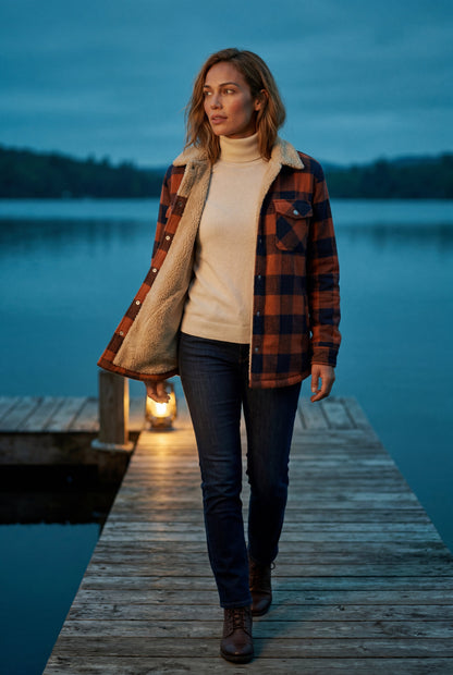 Orange - A woman wearing a brown plaid flannel shirt jacket with a cream shearling lining, paired with dark wash jeans and brown leather boots.