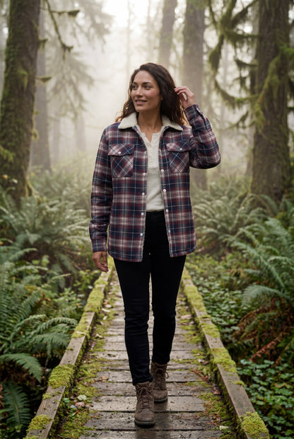 Orange - A woman wearing a brown plaid flannel shirt jacket with a cream shearling lining, paired with dark wash jeans and brown leather boots.