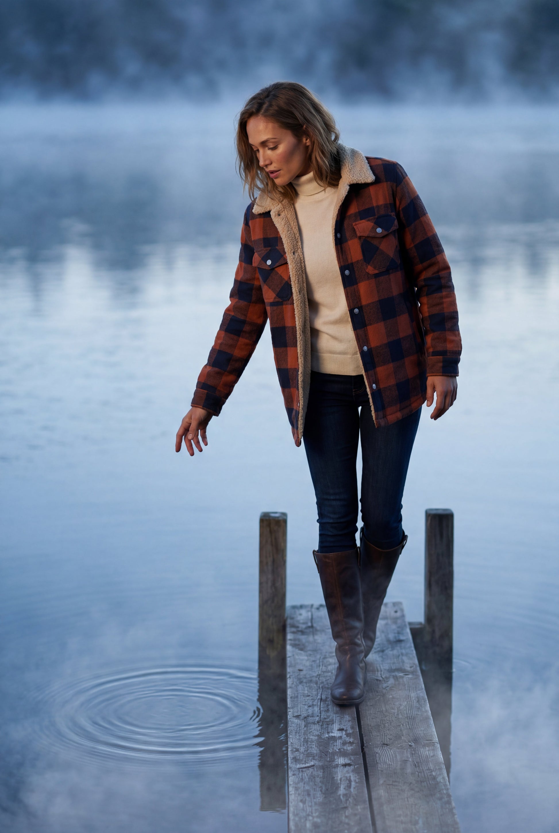 Green - A woman wearing a brown plaid flannel shirt jacket with a cream shearling lining, paired with dark wash jeans and brown leather boots.