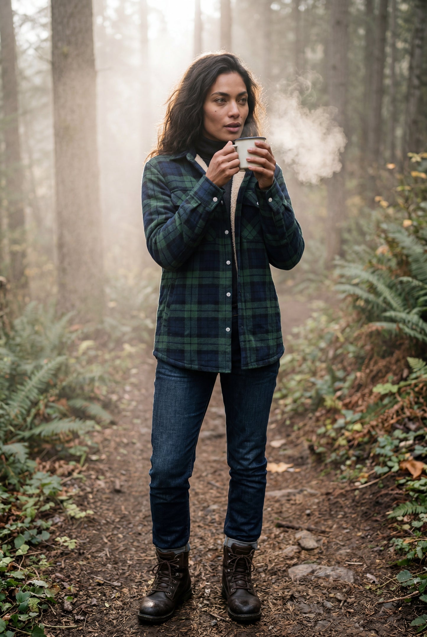 Green - A woman wearing a brown plaid flannel shirt jacket with a cream shearling lining, paired with dark wash jeans and brown leather boots.