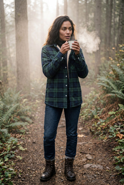 Green - A woman wearing a brown plaid flannel shirt jacket with a cream shearling lining, paired with dark wash jeans and brown leather boots.