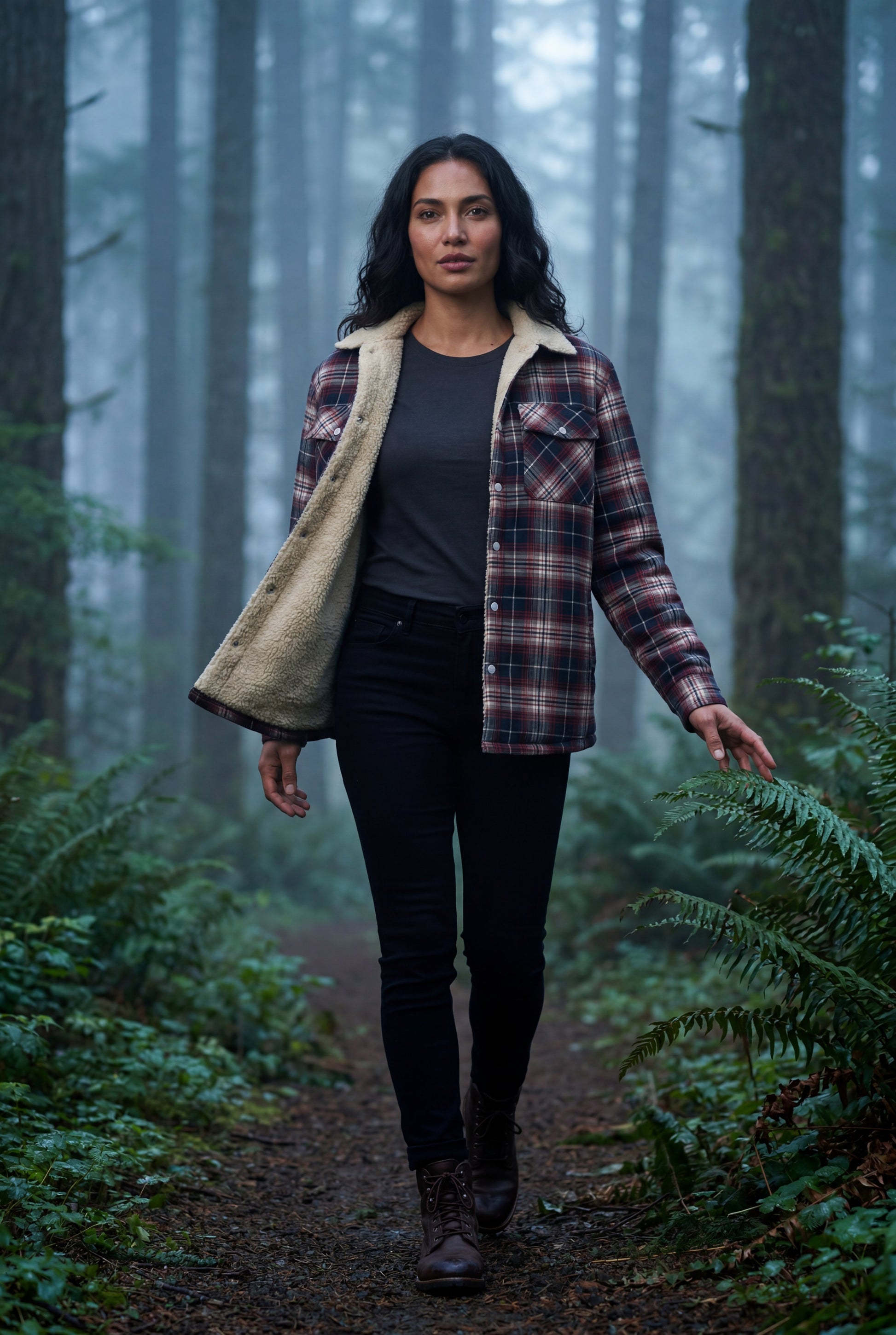 Denim Blue - A woman wearing a brown plaid flannel shirt jacket with a cream shearling lining, paired with dark wash jeans and brown leather boots.