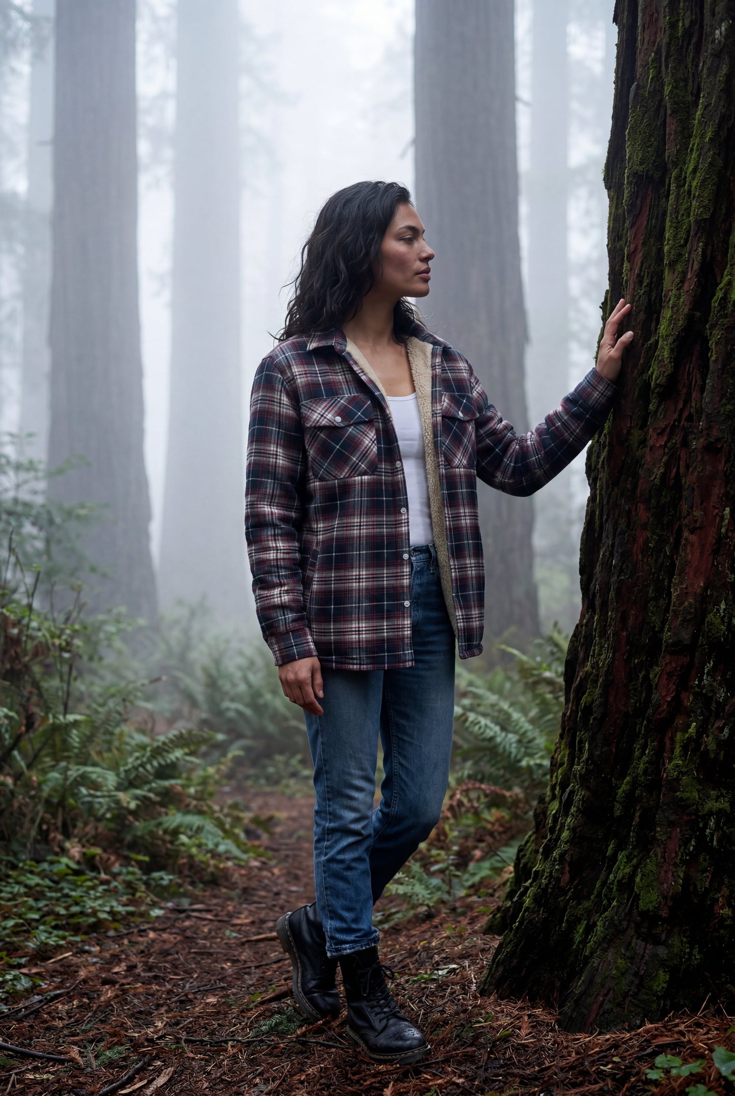 Red - A woman wearing a brown plaid flannel shirt jacket with a cream shearling lining, paired with dark wash jeans and brown leather boots.
