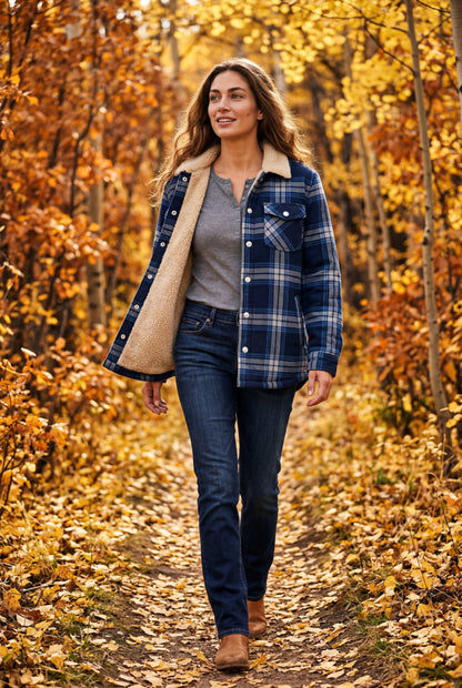 Navy Blue - A woman wearing a brown plaid flannel shirt jacket with a cream shearling lining, paired with dark wash jeans and brown leather boots.