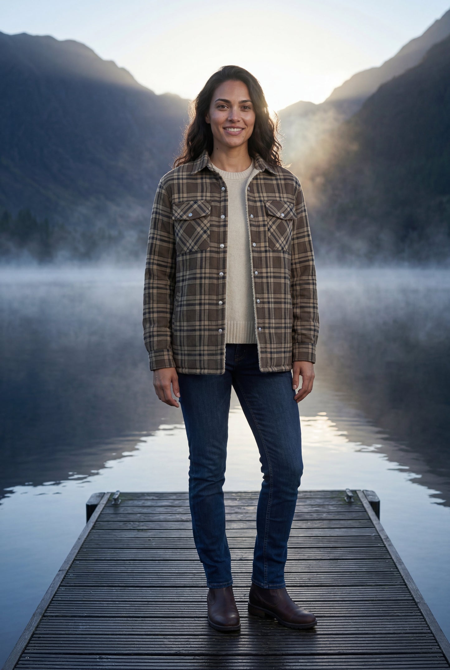 Navy Blue - A woman wearing a brown plaid flannel shirt jacket with a cream shearling lining, paired with dark wash jeans and brown leather boots.
