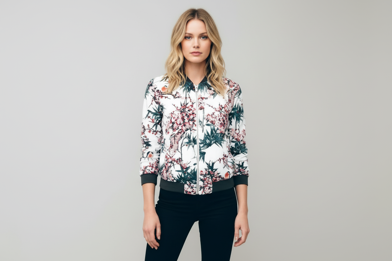 White - A woman wearing a white bomber jacket featuring a detailed pink cherry blossom and green leaf print, styled with black pants against a neutral grey background.