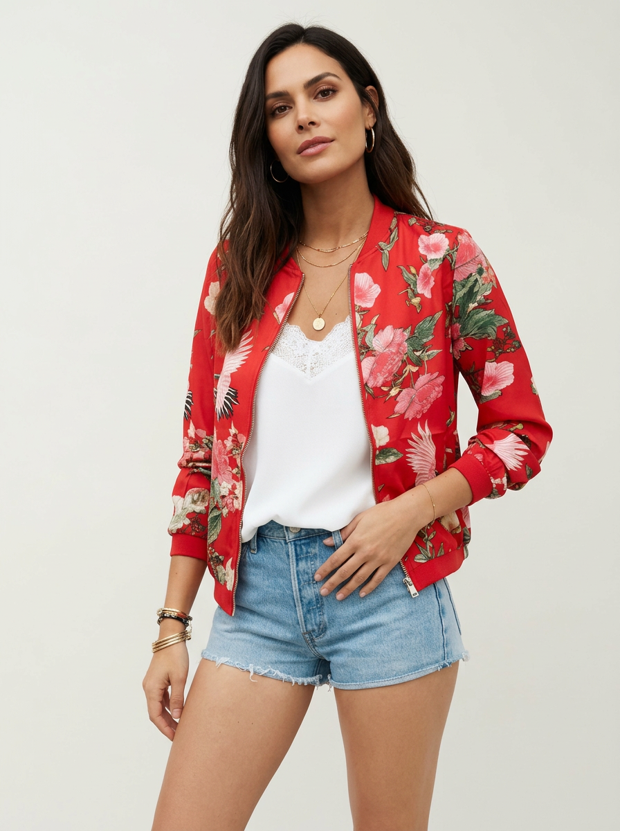Red - A woman wearing a white bomber jacket featuring a detailed pink cherry blossom and green leaf print, styled with black pants against a neutral grey background.