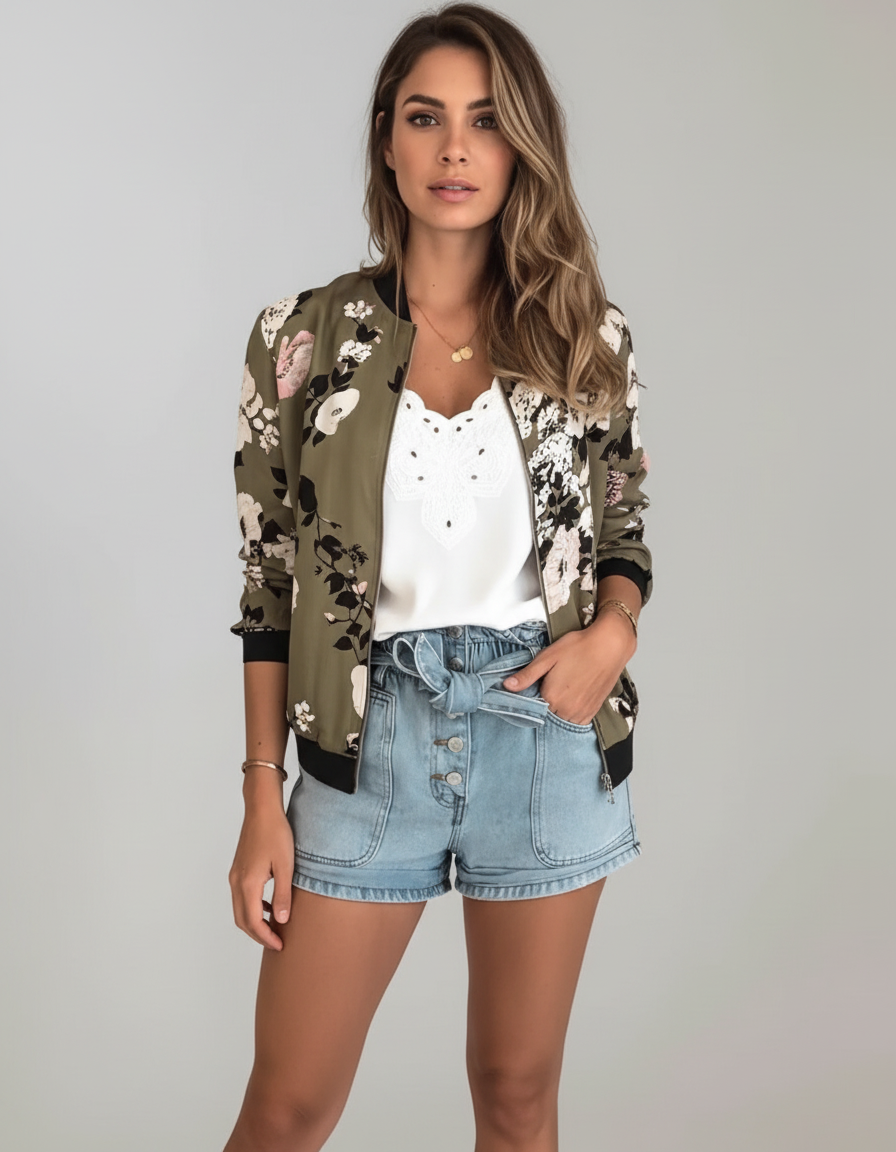 Brown - A woman wearing a white bomber jacket featuring a detailed pink cherry blossom and green leaf print, styled with black pants against a neutral grey background.