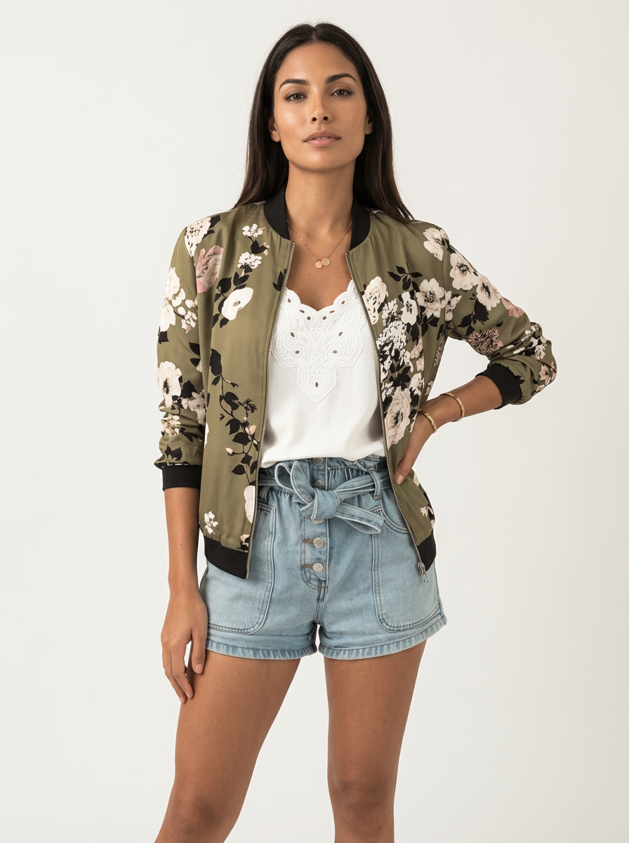 Brown - A woman wearing a white bomber jacket featuring a detailed pink cherry blossom and green leaf print, styled with black pants against a neutral grey background.