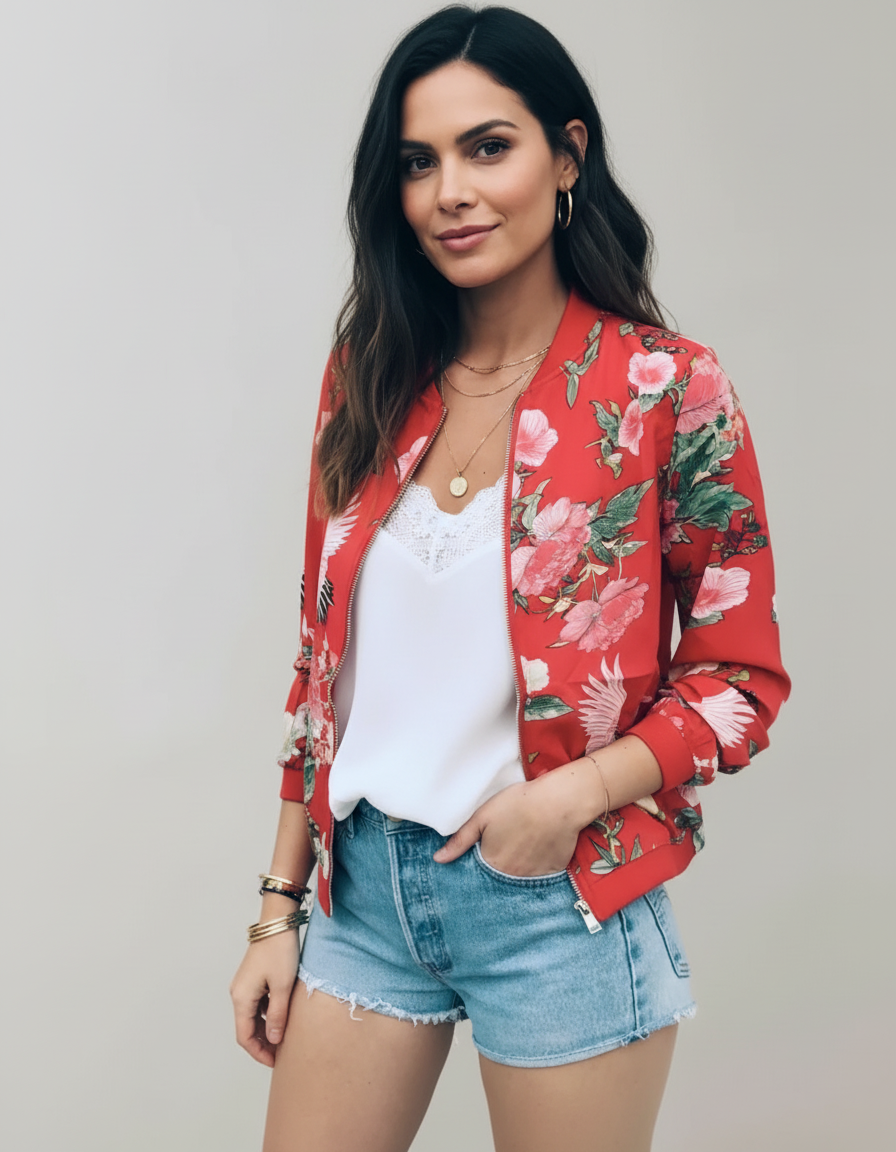 Red - A woman wearing a white bomber jacket featuring a detailed pink cherry blossom and green leaf print, styled with black pants against a neutral grey background.