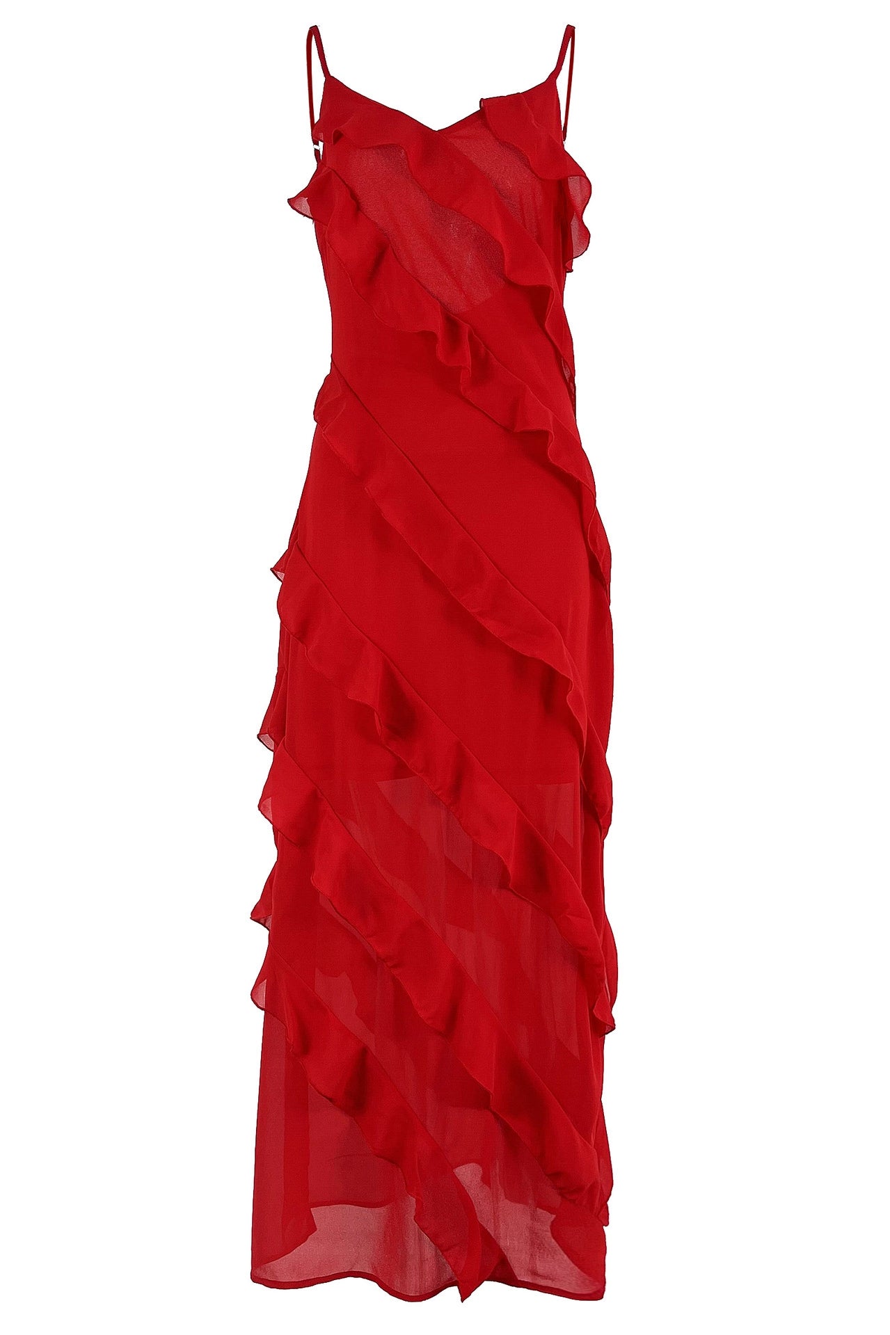 Red - A woman wearing a vibrant red chiffon maxi dress with cascading diagonal ruffles, a V-neckline, and thin spaghetti straps, posing against a rustic dark wooden door.