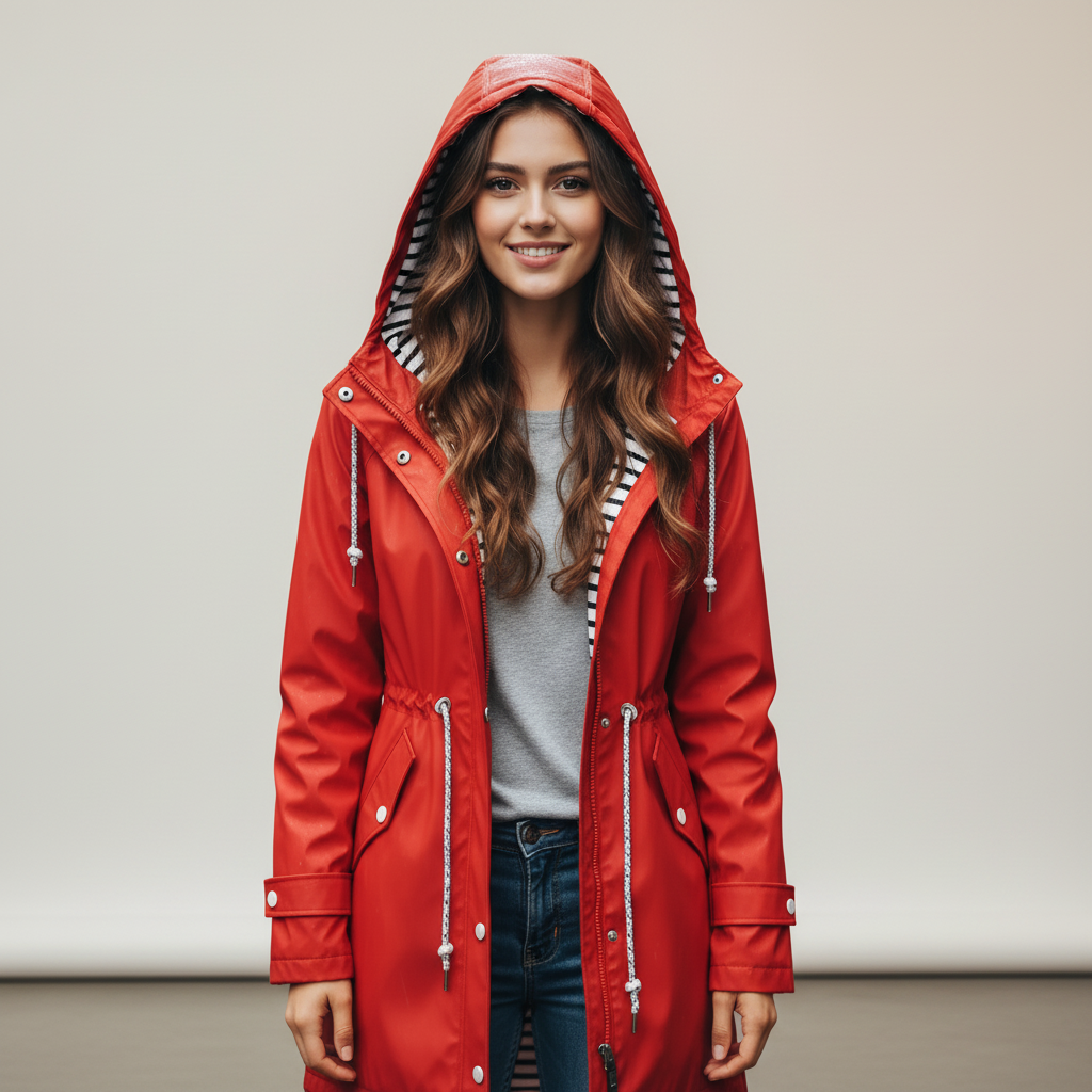 Red - A woman wearing a vibrant red mid-length raincoat with a striped hood lining, featuring a drawstring waist and snap-button details, set against a neutral background.